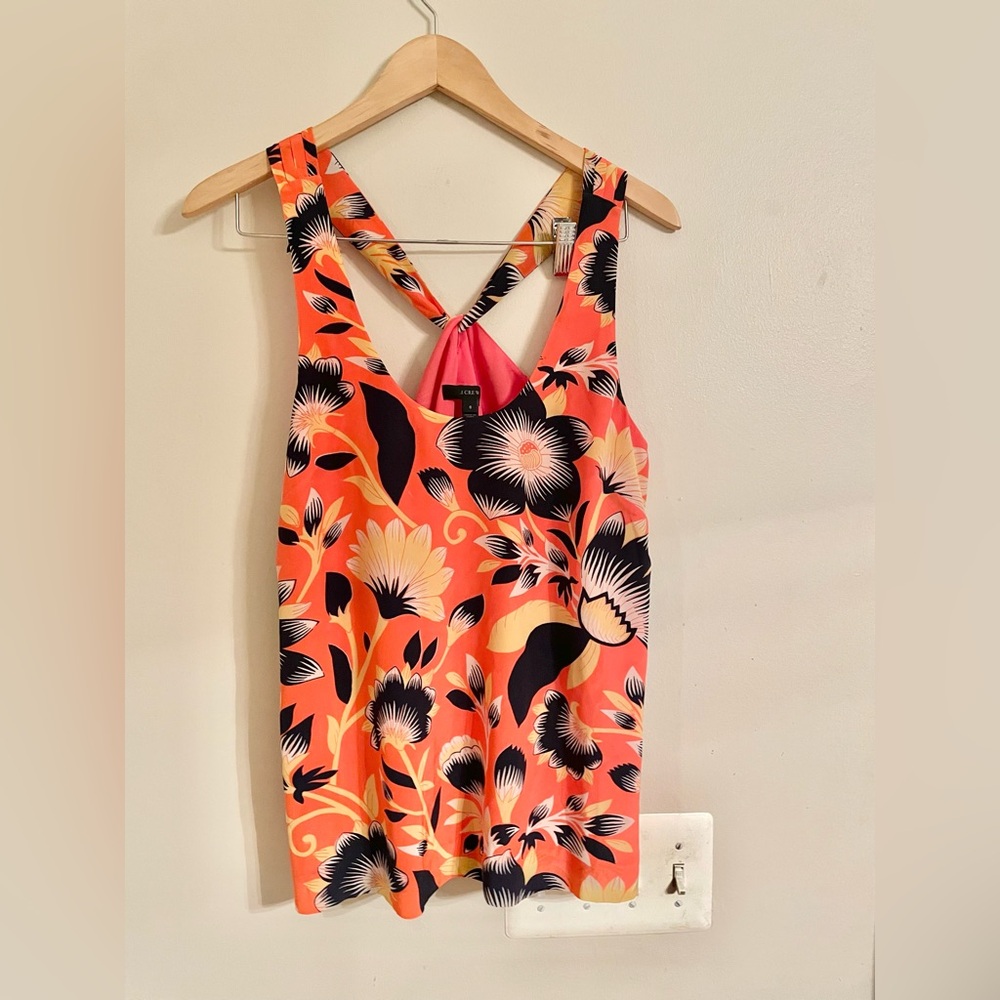 J.Crew Dream Twist Back Top with Tropical Floral Print 100 % Silk- Size 6- EUC